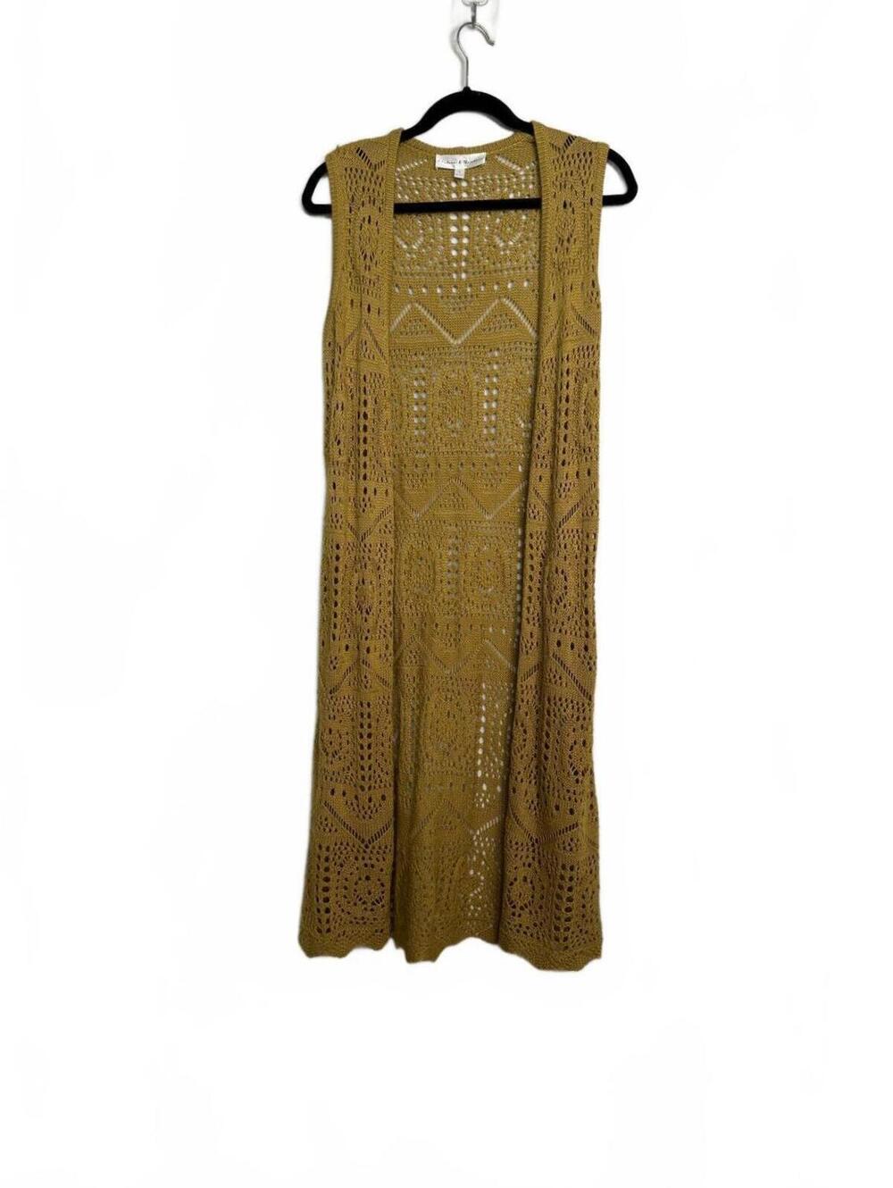 Bohemian Mustard Yellow Crochet Knit  Long Sleeveless Vest Size S